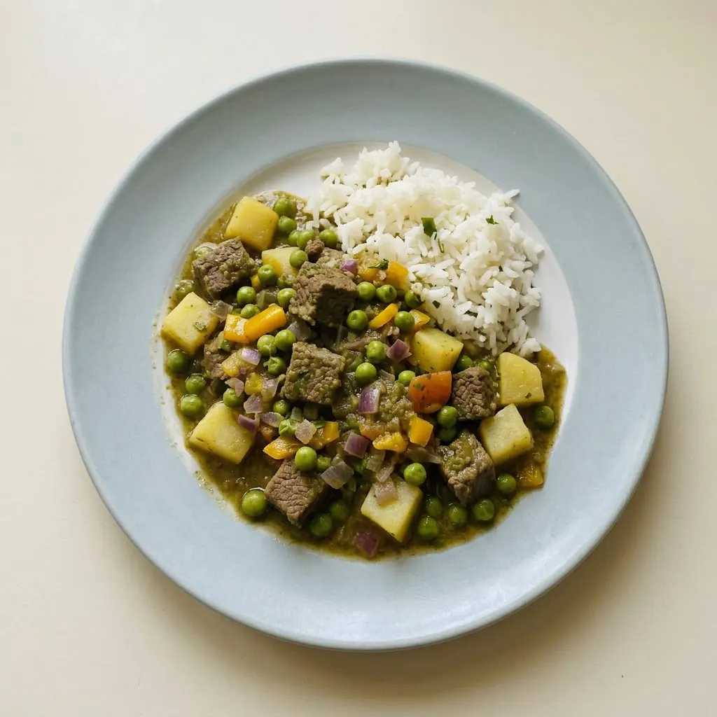 Plated seco de carne with beef, cilantro, cumin, aji amarillo, potatoes, and peas.
