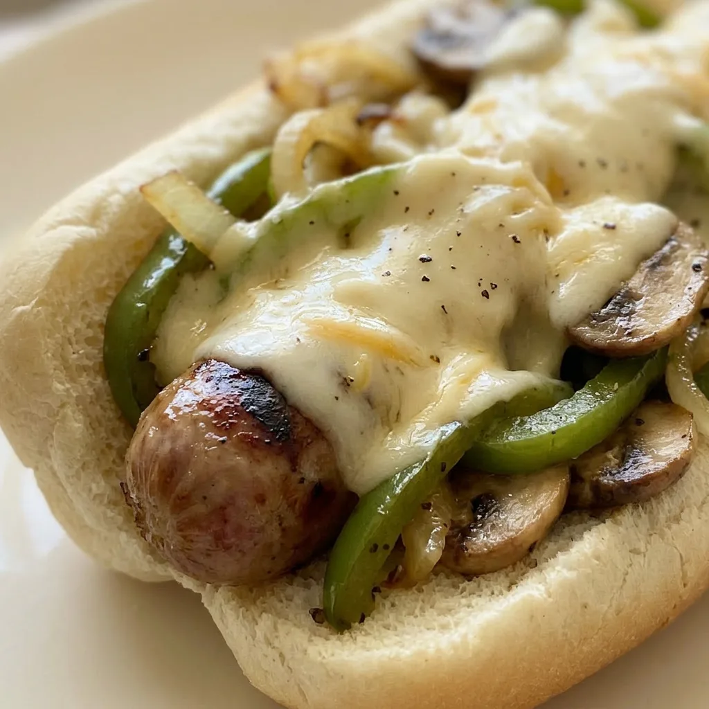 Macro detail of a bratwurst topped with melted provolone, white American cheese, and cream cheese, with green bell pepper, onion, and mushroom.