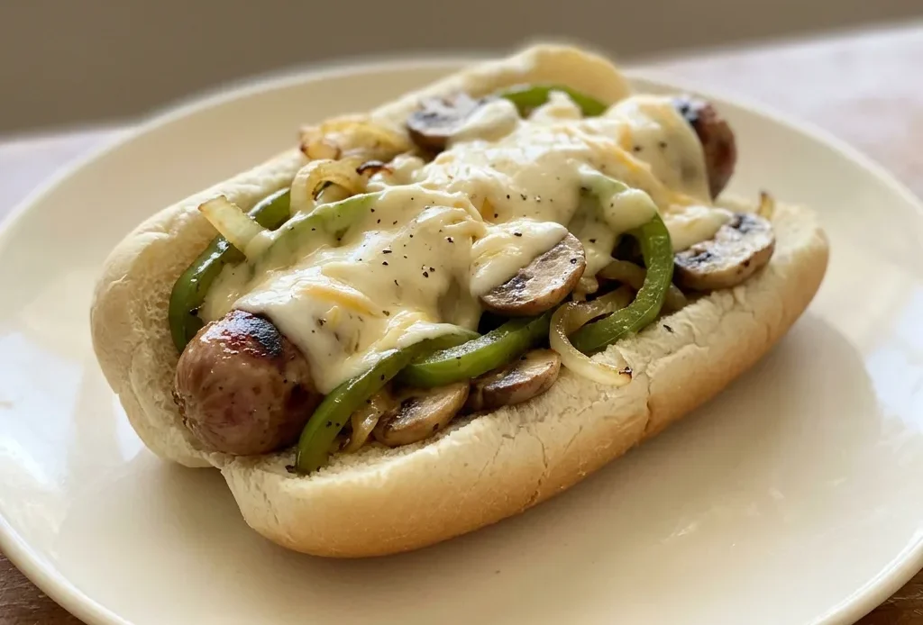 Top-down look at a bratwurst on a bun with green bell pepper, onion, mushroom, provolone, white American cheese, and cream cheese.