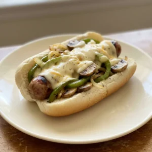 Top-down look at a bratwurst on a bun with green bell pepper, onion, mushroom, provolone, white American cheese, and cream cheese.