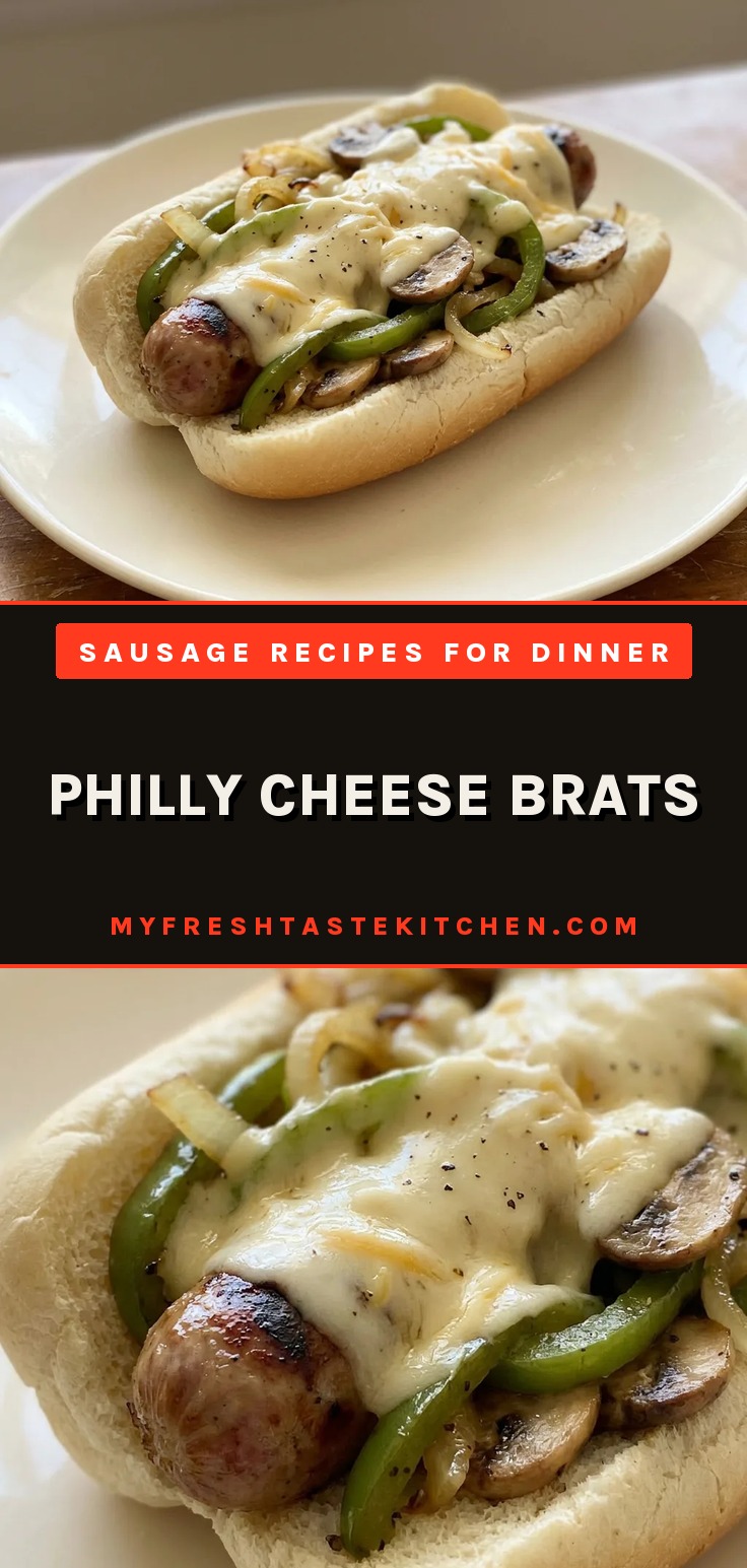 Top-down look at a bratwurst on a bun with green bell pepper, onion, mushroom, provolone, white American cheese, and cream cheese.