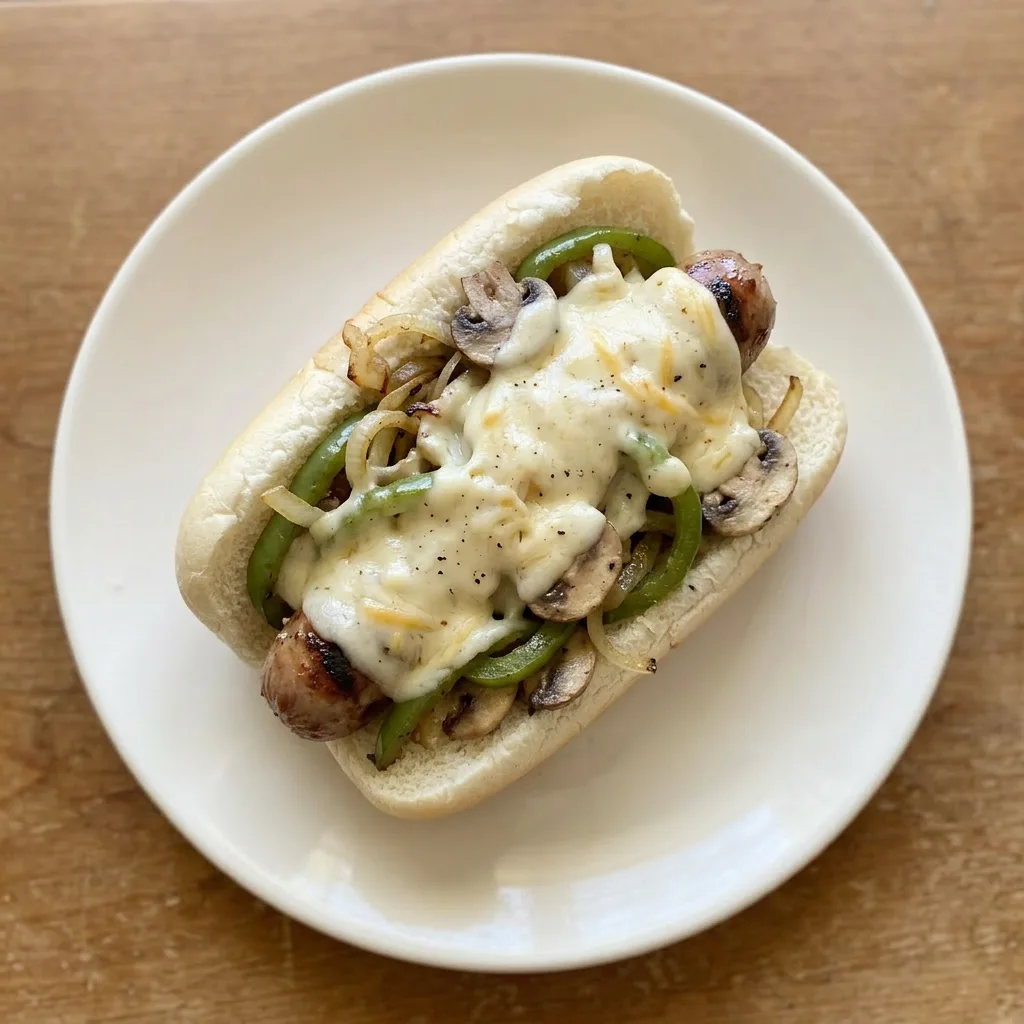 A serving of a bratwurst in a bun with green bell pepper, onion, mushroom, provolone, white American cheese, and cream cheese.