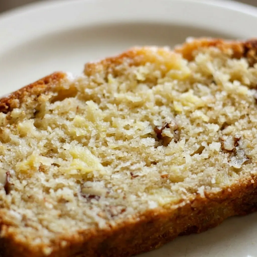 Up close, a slice of pineapple bread reveals a moist crumb dotted with pineapple chunks, with a glossy glaze on top.