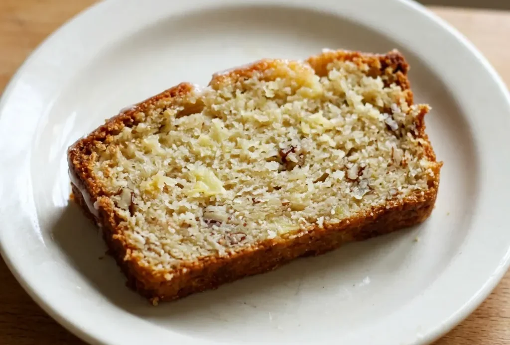 Looking down at a round pineapple bread with a golden-brown crust, topped with pineapple rings and a cherry in the center.