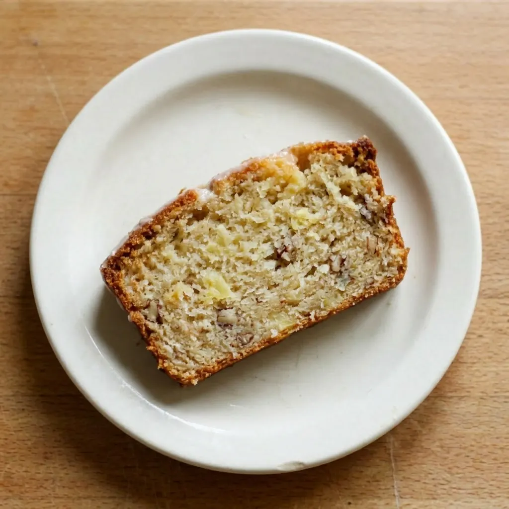 A plate of pineapple bread slices arranged in a fan, each topped with a pineapple ring and a cherry, drizzled with vanilla glaze.