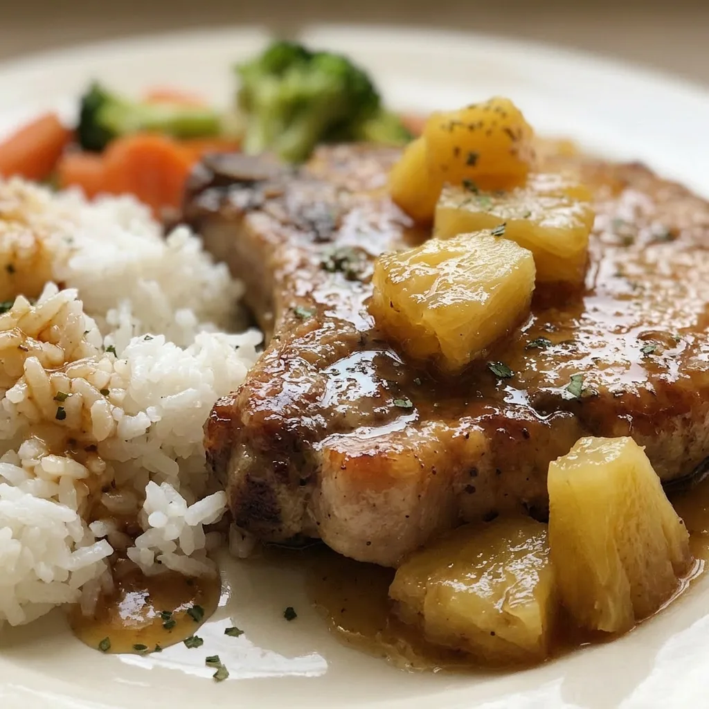 Macro detail of a pork chop with a glossy brown sugar-soy reduction, a pineapple wedge, and visible ginger shreds on the surface.