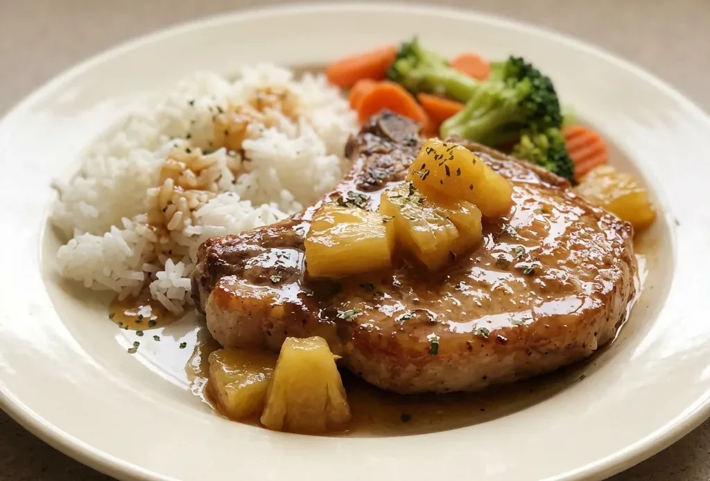 Top-down look at two pork chops drizzled with soy-ginger glaze, topped with caramelized pineapple rings and grated ginger.