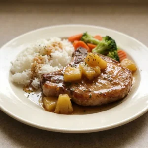 Top-down look at two pork chops drizzled with soy-ginger glaze, topped with caramelized pineapple rings and grated ginger.