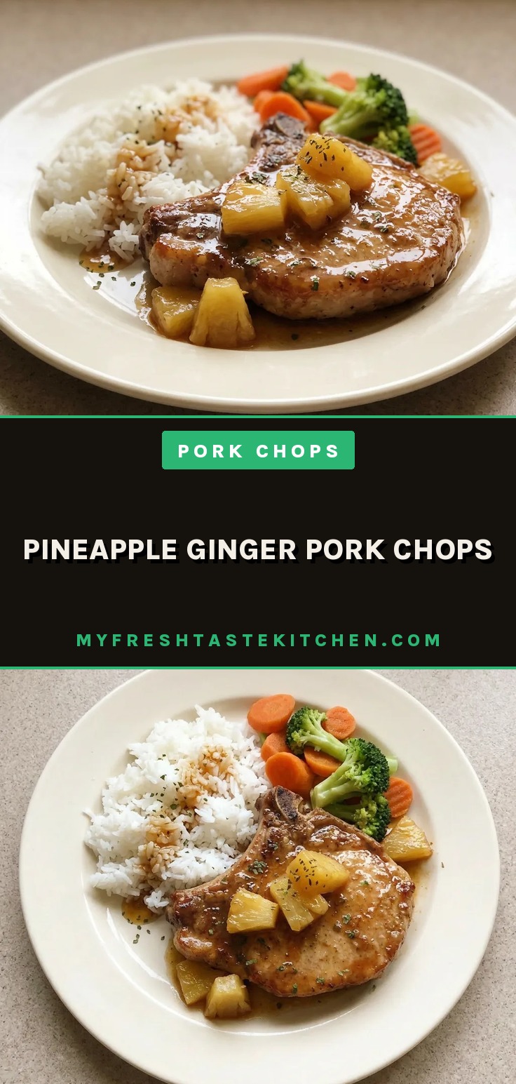 Top-down look at two pork chops drizzled with soy-ginger glaze, topped with caramelized pineapple rings and grated ginger.