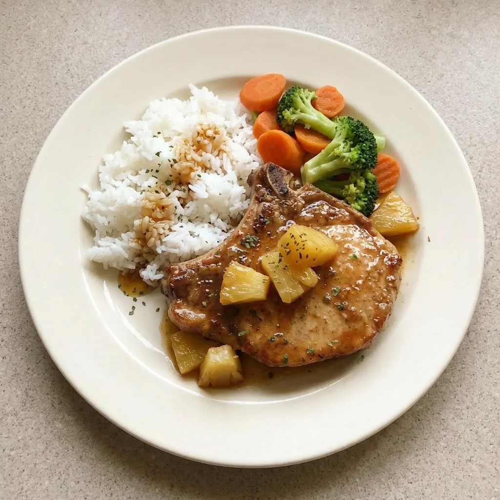 A serving of pork chops with pineapple chunks and a sticky ginger-soy sauce coating the meat.