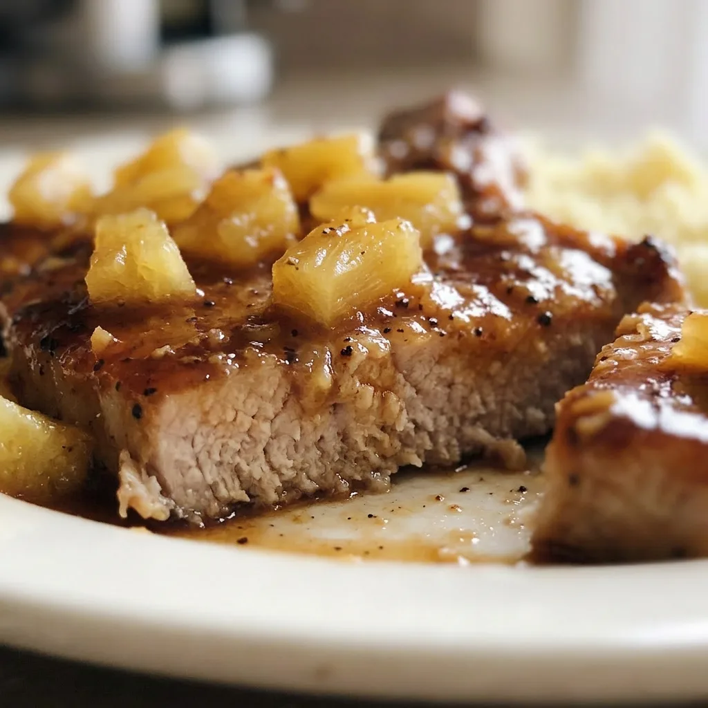 Close view of a pork chop with caramelized pineapple and glossy barbecue sauce, sprinkled with brown sugar and spices.