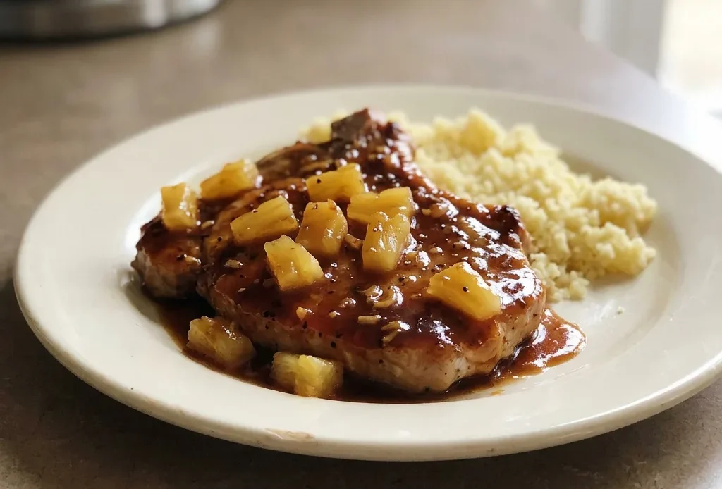 Overhead shot of two pork chops topped with pineapple rings and barbecue sauce, garnished with ginger and garlic powder.