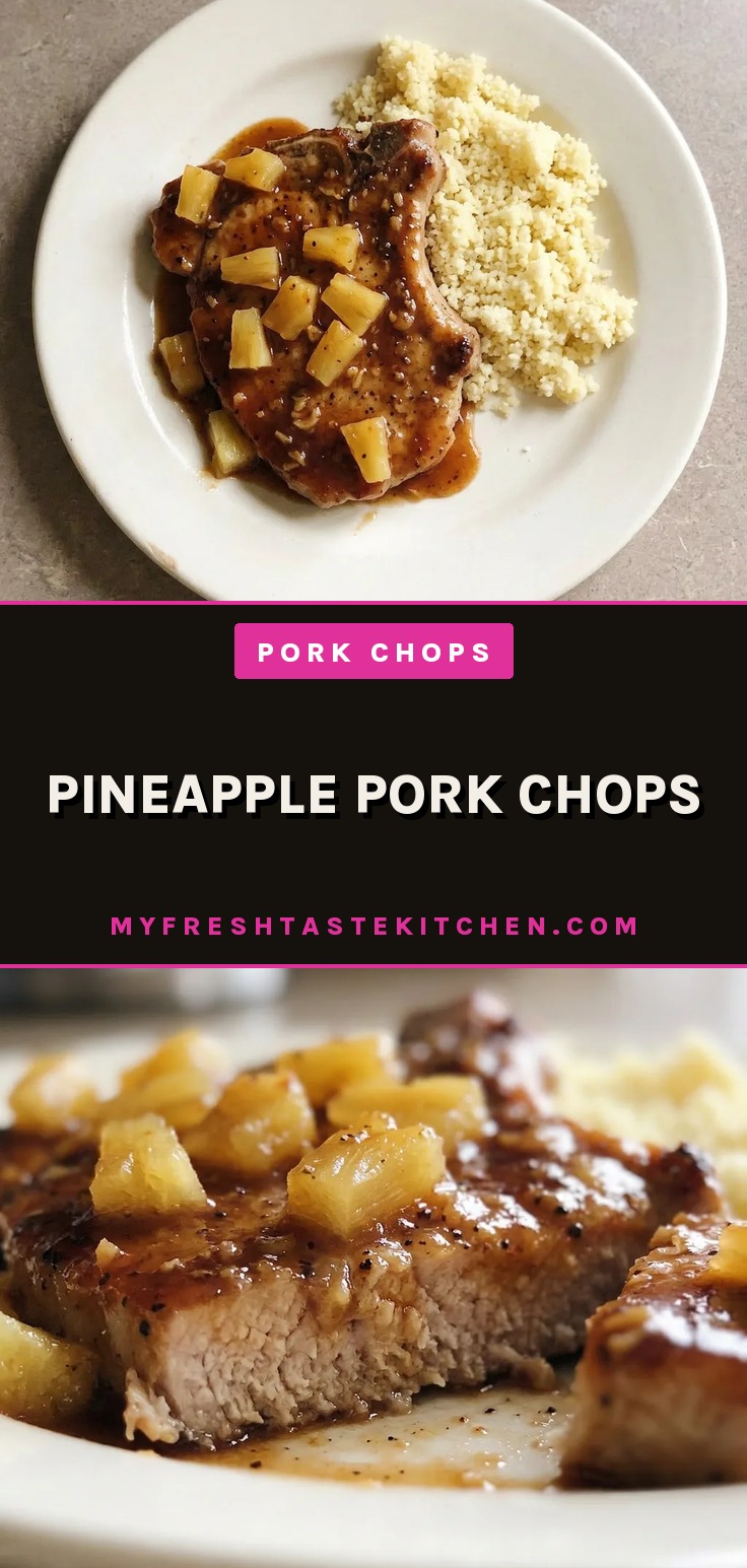Overhead shot of two pork chops topped with pineapple rings and barbecue sauce, garnished with ginger and garlic powder.