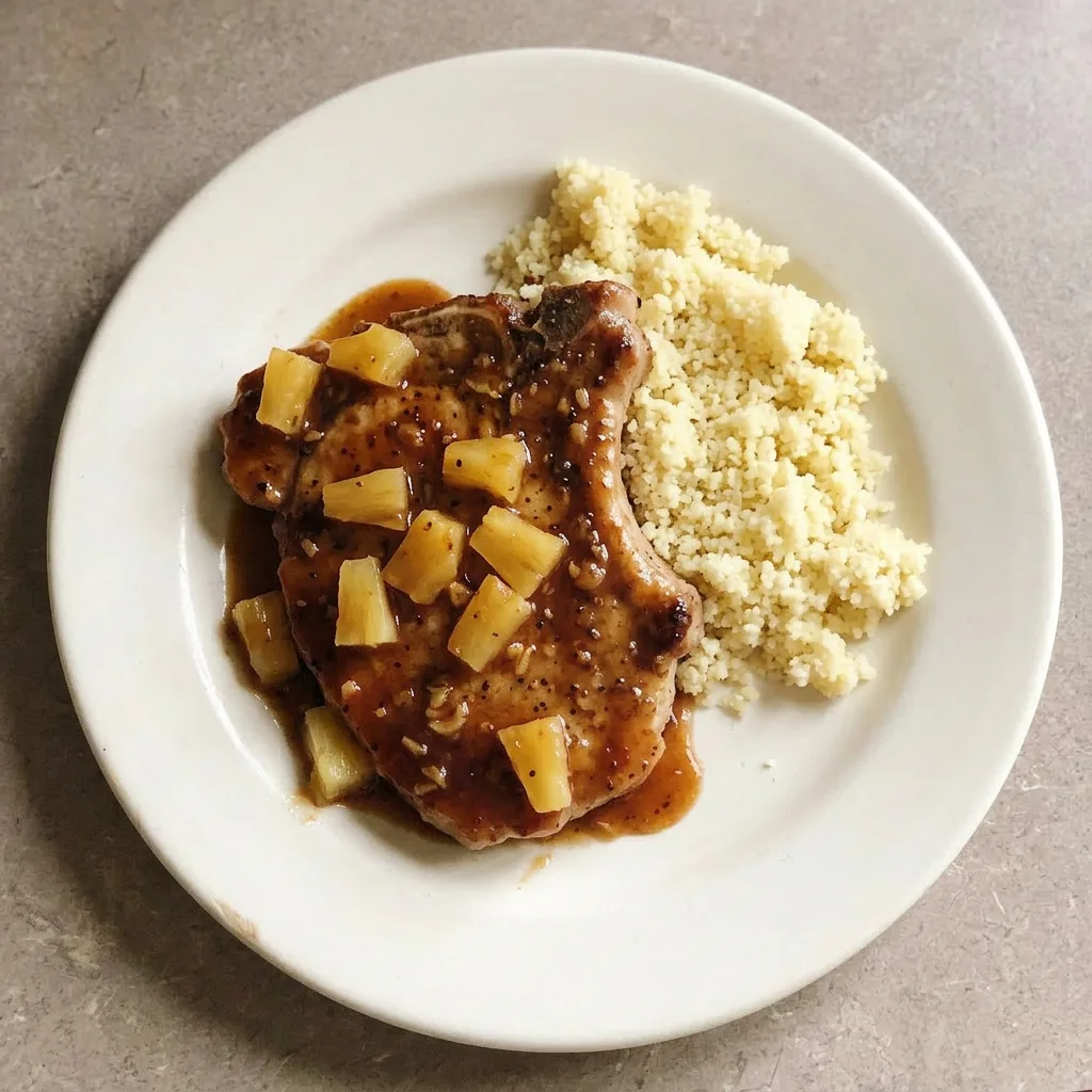 Plated pork chop with pineapple slice and drizzle of barbecue sauce, visible ginger and garlic powder on top.