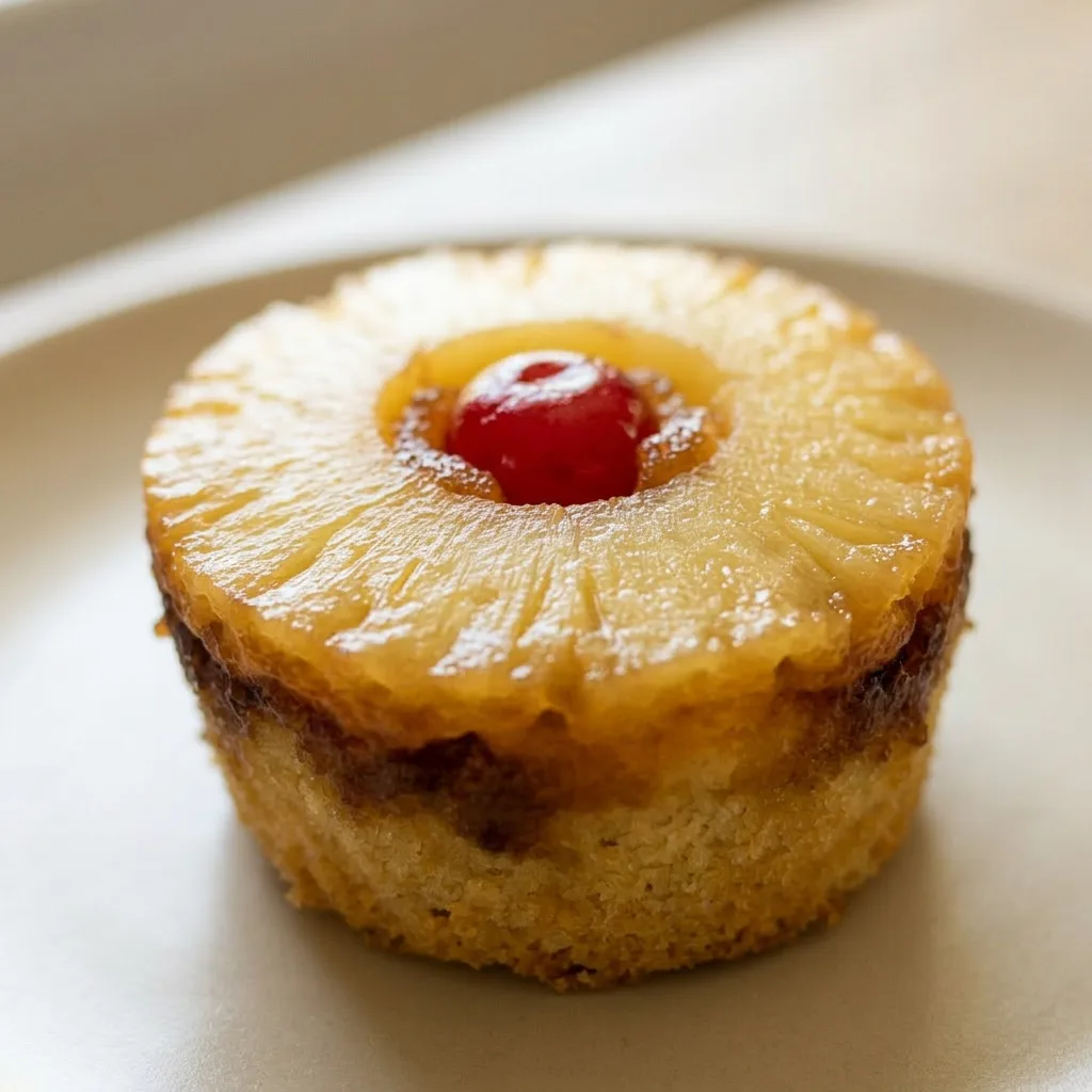 Zoomed in on a pineapple upside-down cupcake, showing a glossy brown sugar butter topping with a pineapple ring and cherry.
