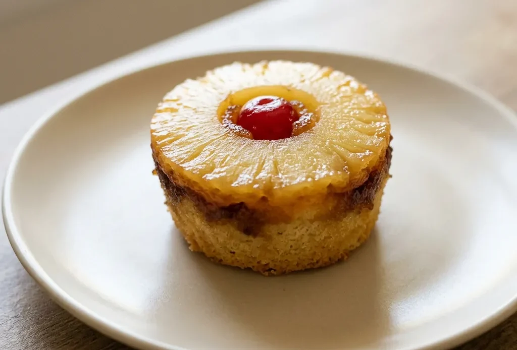 Bird's-eye view of a pineapple upside-down cupcake with a caramelized pineapple ring and a maraschino cherry in the center.
