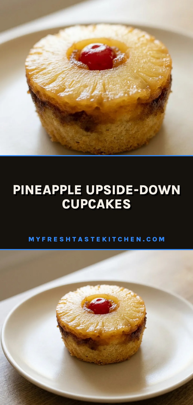 Bird's-eye view of a pineapple upside-down cupcake with a caramelized pineapple ring and a maraschino cherry in the center.
