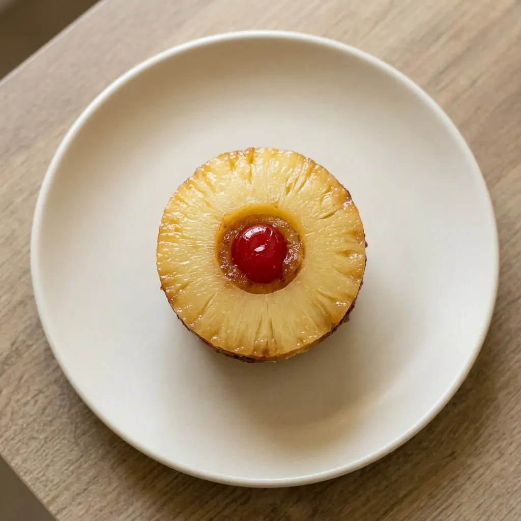 Ready to serve: a pineapple upside-down cupcake with a golden cake base and a caramelized pineapple cherry topping.