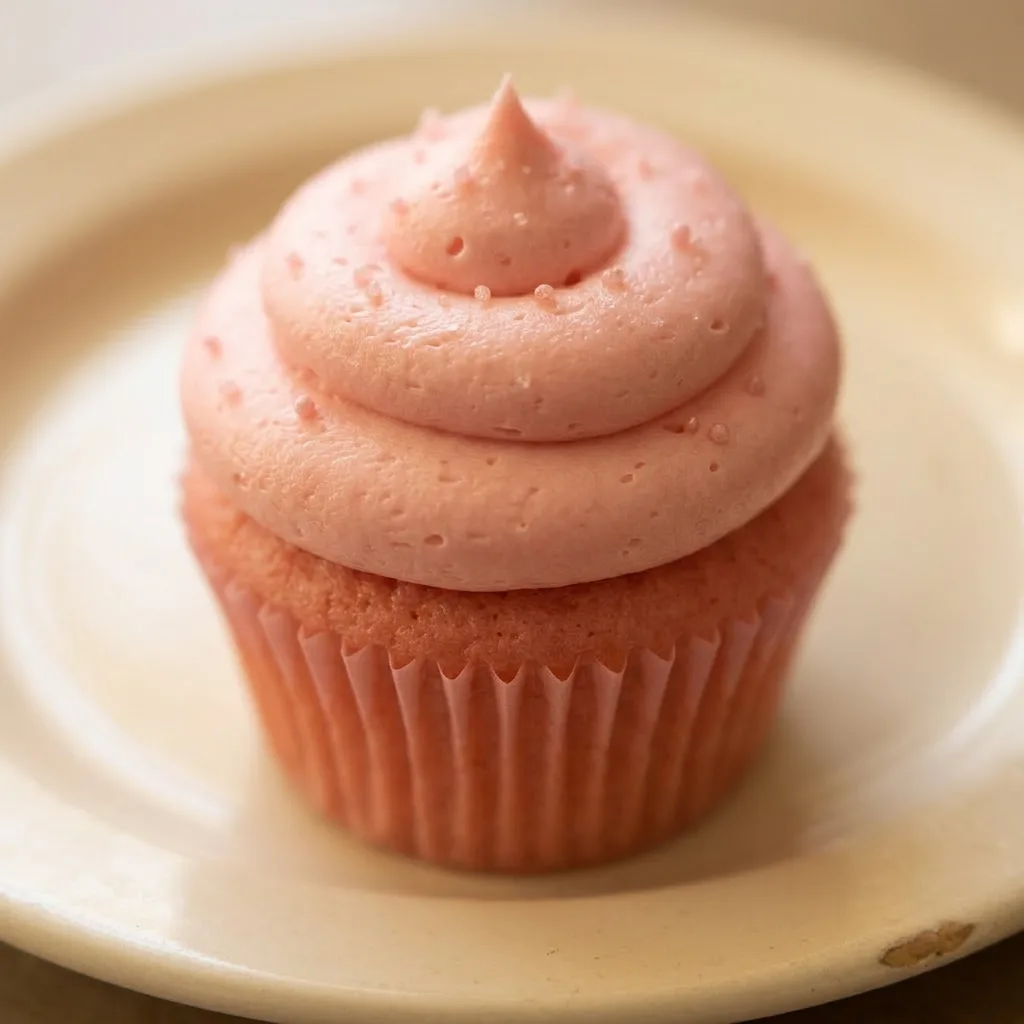Close view of a pink velvet cupcake topped with cream cheese frosting, showing crumb texture and butter flecks.