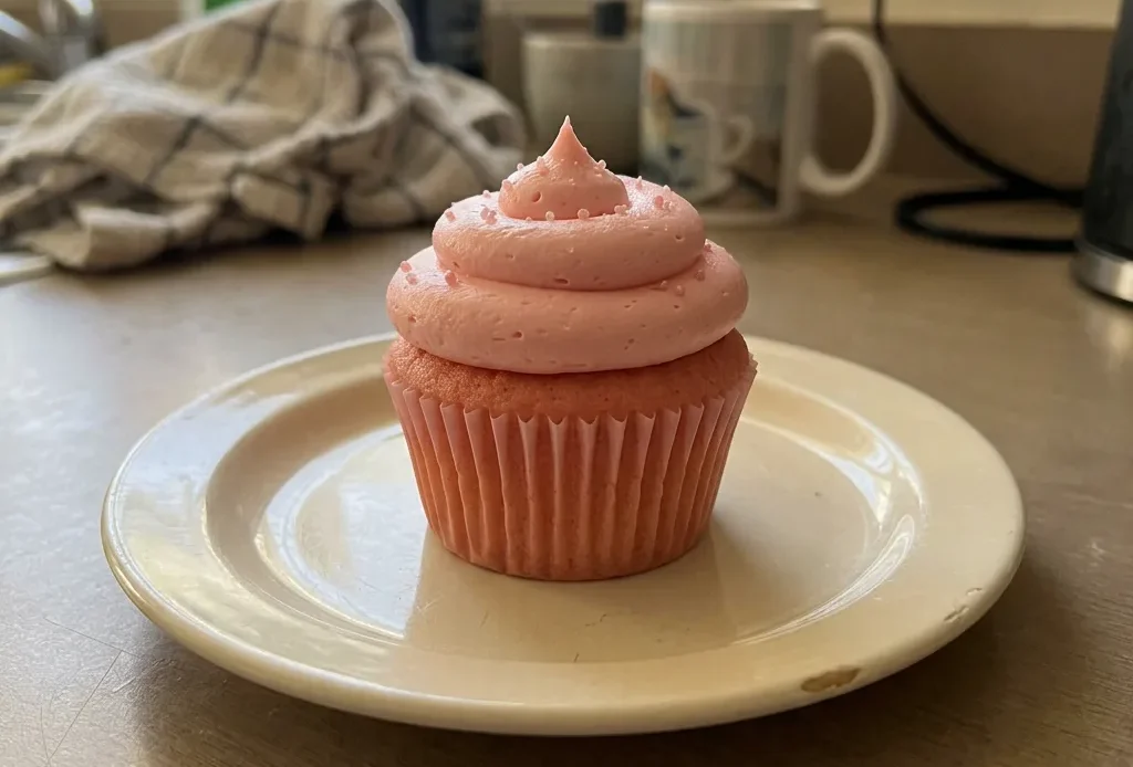 Overhead shot of three pink velvet cupcakes with cream cheese frosting and visible butter specks.