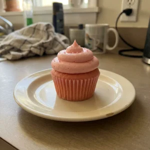 Overhead shot of three pink velvet cupcakes with cream cheese frosting and visible butter specks.