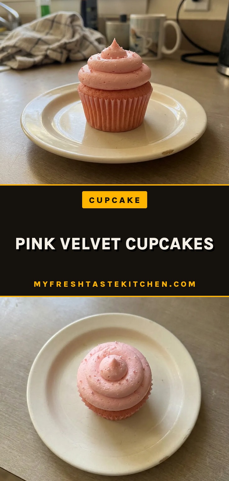 Overhead shot of three pink velvet cupcakes with cream cheese frosting and visible butter specks.