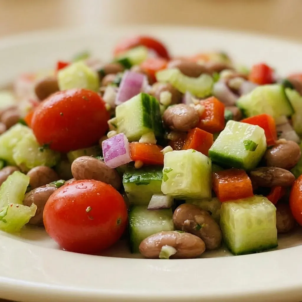Zoomed in on a forkful of pinto bean salad, showing beans, diced red bell pepper, cucumber, and a tomato half with visible Dijon mustard dressing.