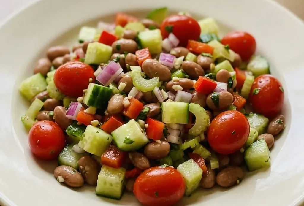 Bird's-eye view of a pinto bean salad with red onion, grape tomatoes, red bell pepper, mini cucumbers, and celery, topped with parsley and cilantro.