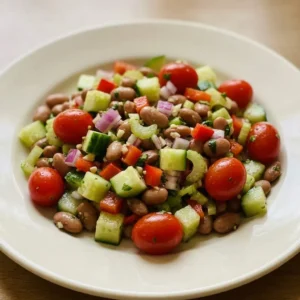 Bird's-eye view of a pinto bean salad with red onion, grape tomatoes, red bell pepper, mini cucumbers, and celery, topped with parsley and cilantro.