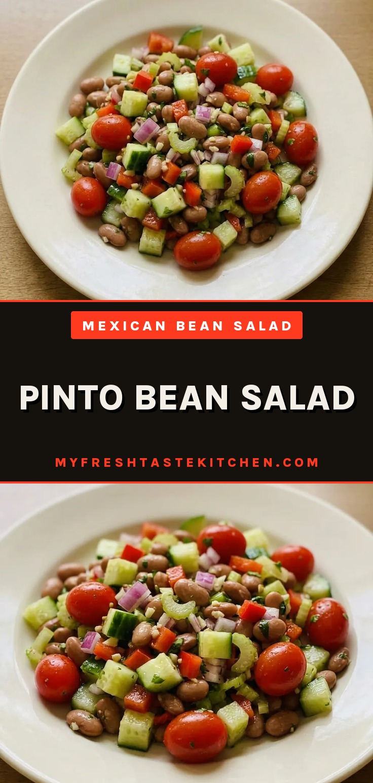 A bowl of pinto bean salad with grape tomatoes, red bell pepper, and cucumber salad visible.