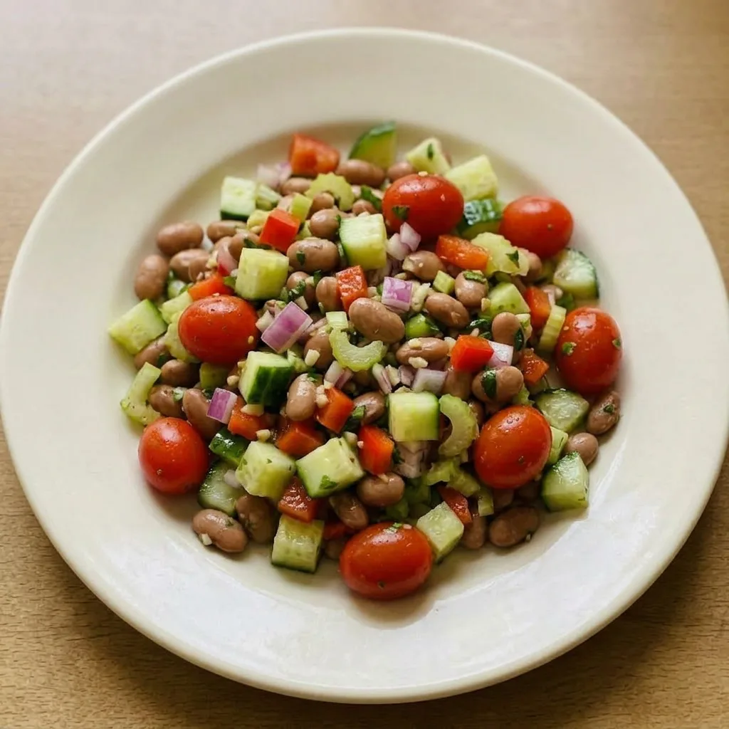 Ready to serve: a generous scoop of pinto bean salad with red onion rings, halved grape tomatoes, and fresh herbs, captured from a side angle.