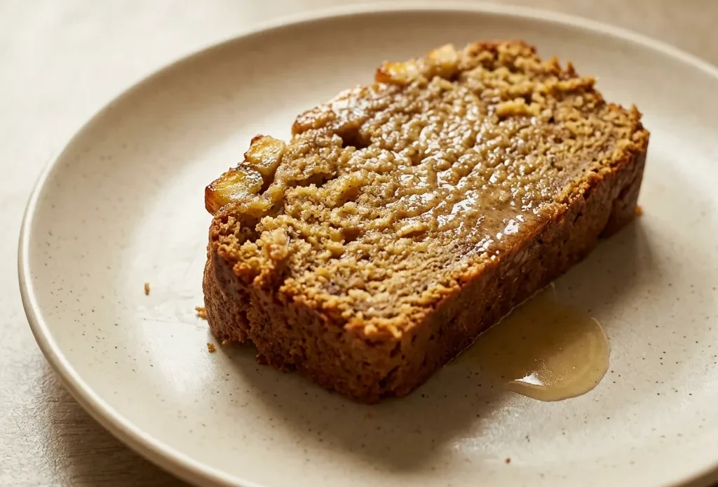 Top-down look at a round plantain bread slice with visible brown sugar crust and lime zest flecks.
