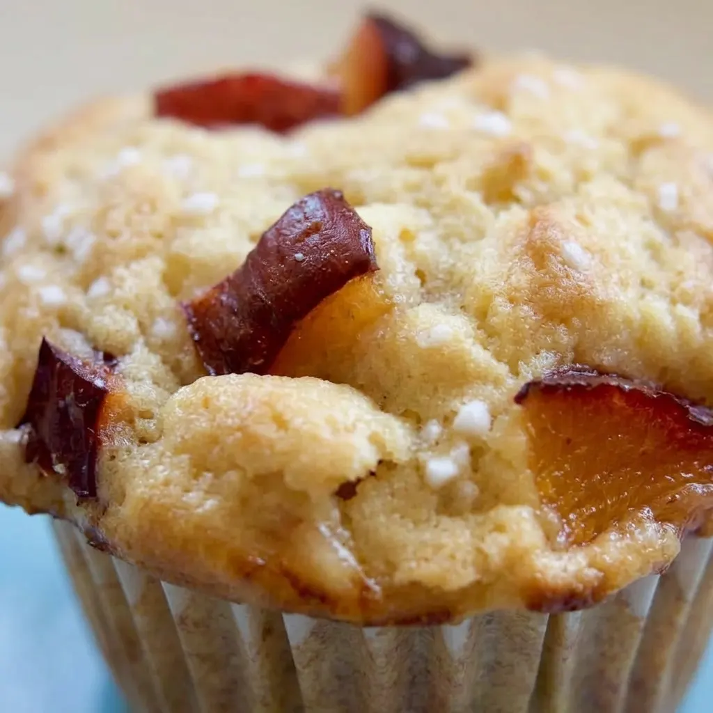 Macro detail of a plum muffin showing a moist interior with plum pieces and a yogurt swirl.