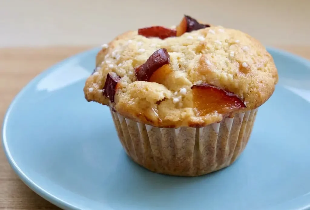 Top-down look at a plum muffin with a golden dome, a plum slice on top, and yogurt visible in the crumb.