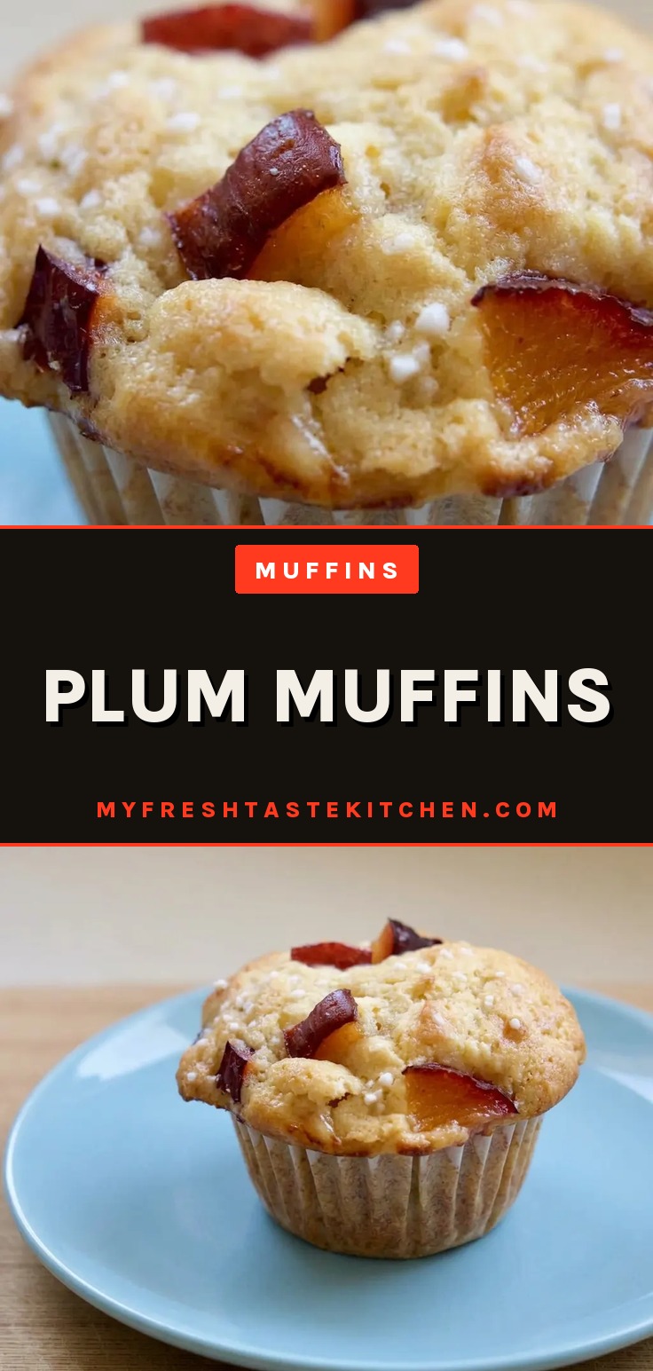 Top-down look at a plum muffin with a golden dome, a plum slice on top, and yogurt visible in the crumb.