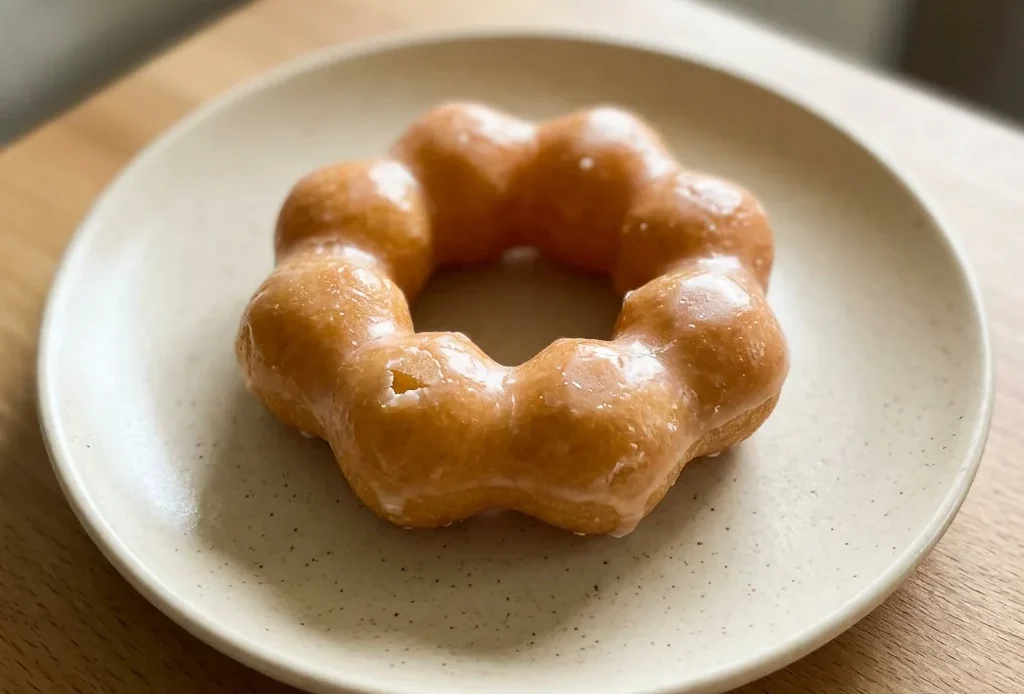 Top-down look at three matcha-glazed ring donuts on a dark surface, one dusted with tapioca flour.