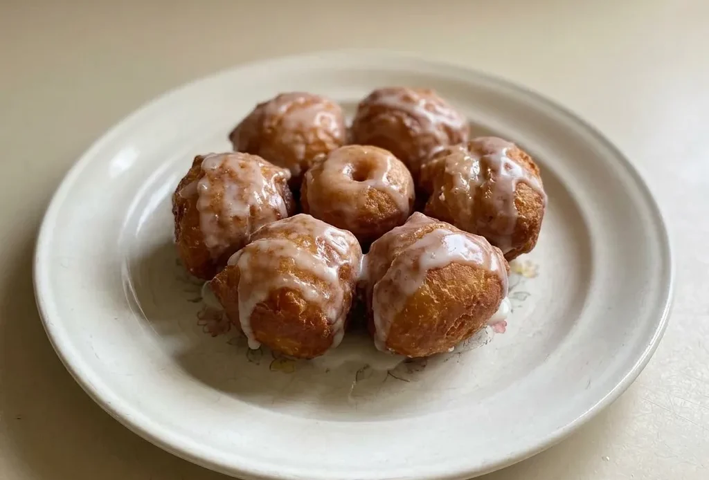 Bird's-eye view of three potato donuts dusted with powdered sugar, arranged in a triangle on a white plate.