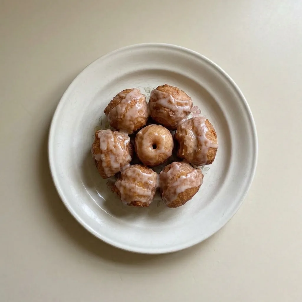 Ready to serve: a stack of potato donuts drizzled with vanilla glaze and sprinkled with nutmeg, on a plate.