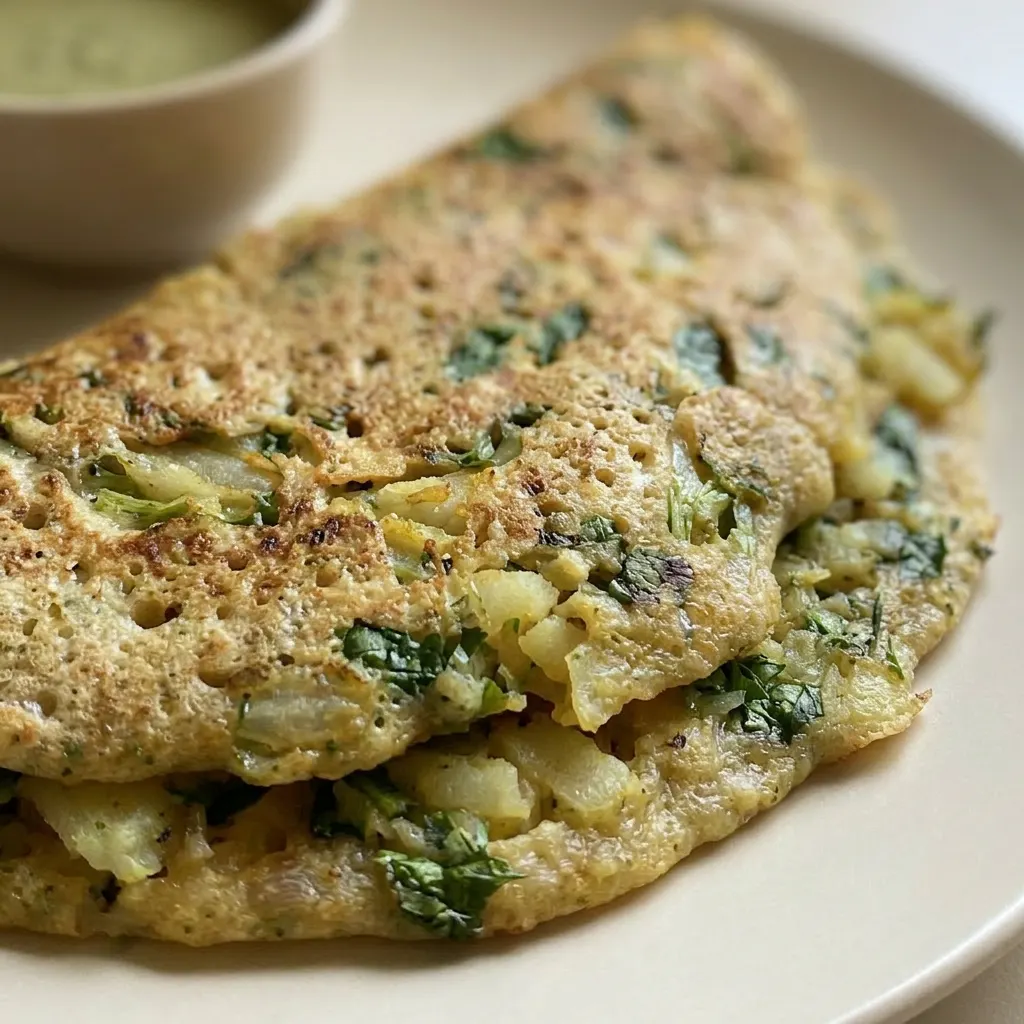 Macro detail of a crispy dosa topped with spinach, cilantro, and jalapeño pieces.
