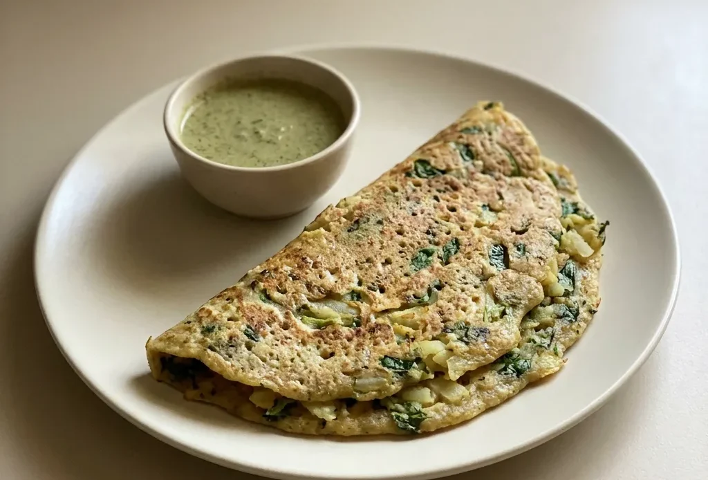 Top-down look at a golden potato dosa with spinach, cilantro, and jalapeño slices.