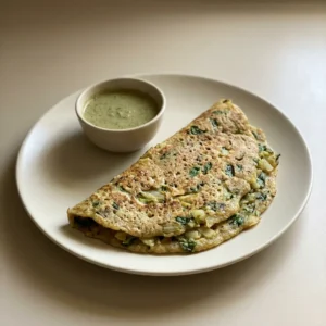 Top-down look at a golden potato dosa with spinach, cilantro, and jalapeño slices.
