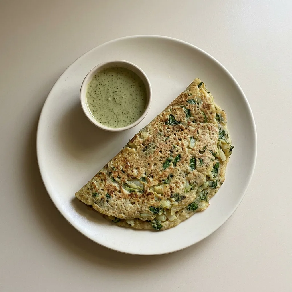 A serving of potato dosa garnished with spinach, cilantro, and jalapeño.