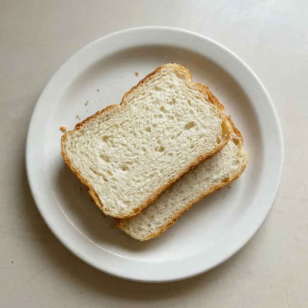 A plate of sliced sourdough bread with a rustic, golden crust and visible flecks of potato flakes.