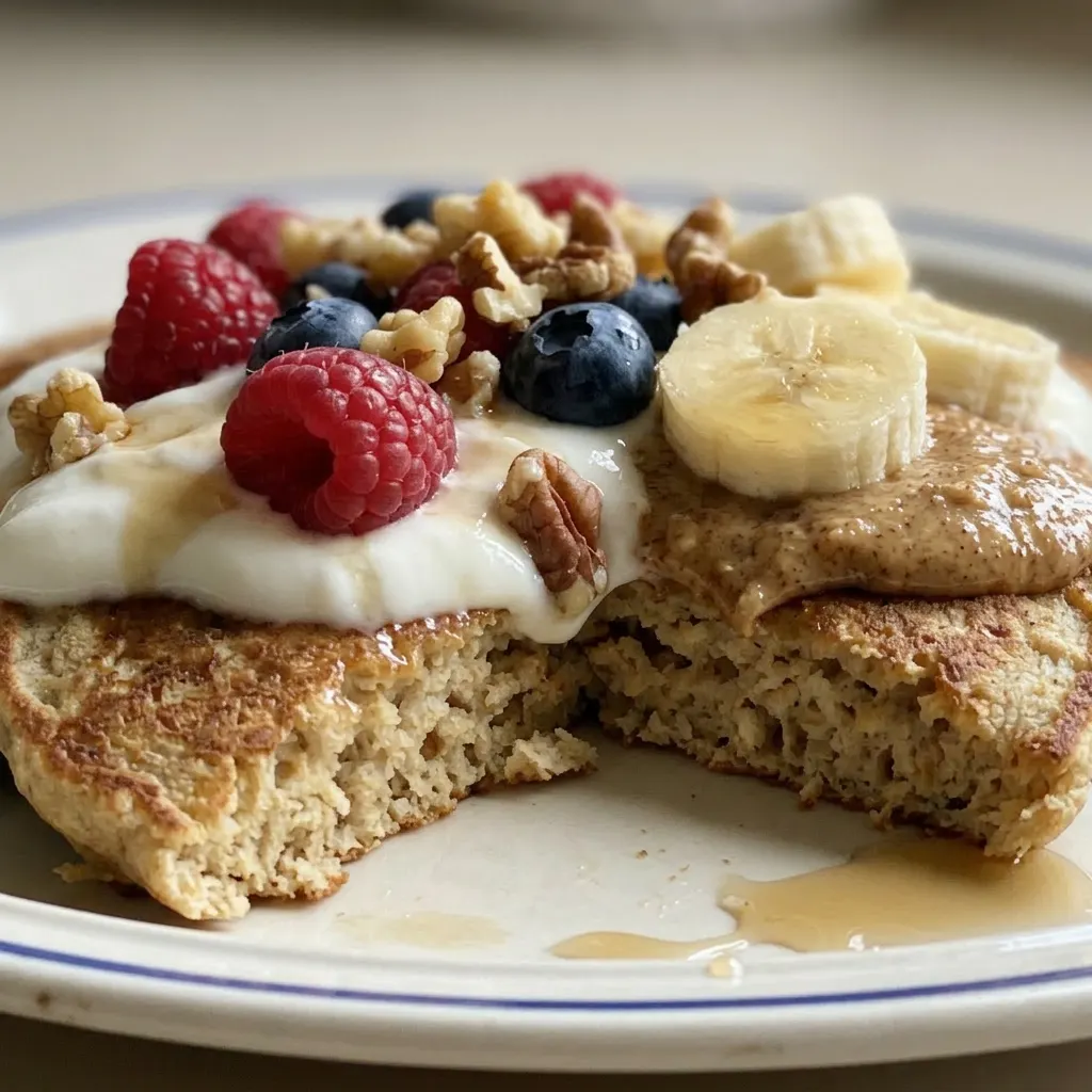 Close view of a pancake stack drizzled with maple syrup, showing rolled oats and protein powder in the texture.