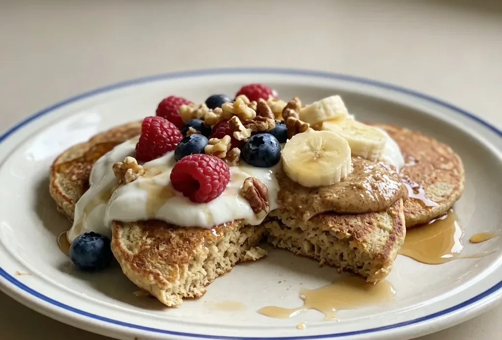 Overhead shot of three stacked pancakes with maple syrup pooling around them and a dollop of Greek yogurt on top.