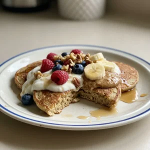 Overhead shot of three stacked pancakes with maple syrup pooling around them and a dollop of Greek yogurt on top.