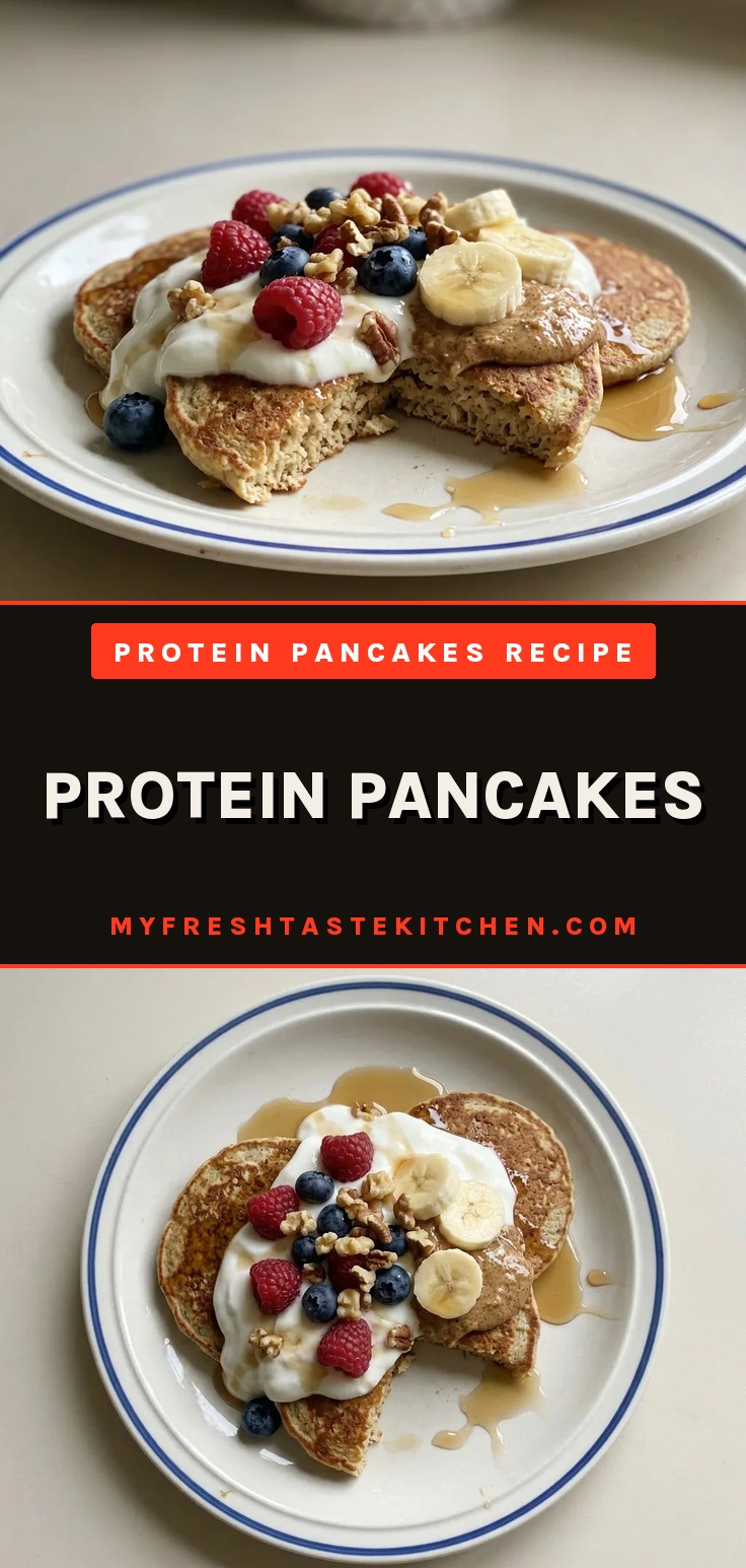 Fluffy protein pancakes topped with fresh berries, banana slices, and a drizzle of maple syrup, with Greek yogurt and chopped nuts on the side.