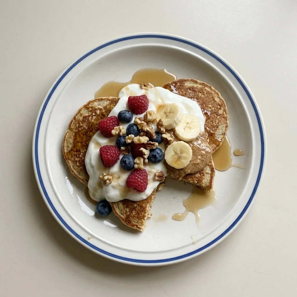 Plated stack of pancakes topped with Greek yogurt and maple syrup, with visible oats and protein powder specks.