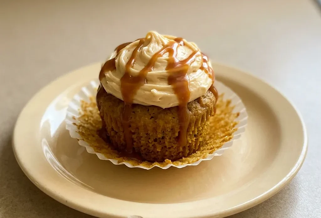 Overhead shot of a pumpkin cupcake topped with caramel cream cheese frosting, visible spices, and caramel drizzle.