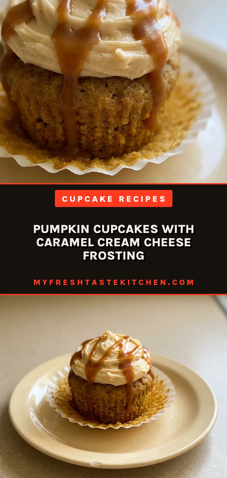 Overhead shot of a pumpkin cupcake topped with caramel cream cheese frosting, visible spices, and caramel drizzle.